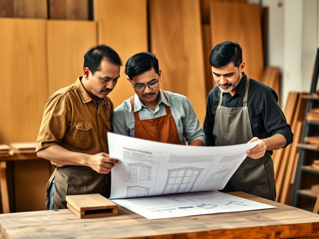 Three craftsmen of Joltwave Bespoke reviewing a wardrobe drawing on a workshop bench
