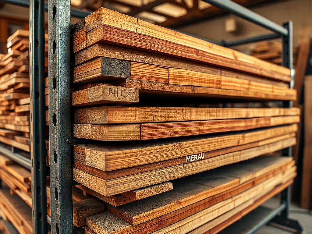 Stacked rough-sawn hardwood boards drying on a steel rack inside the Joltwave workshop