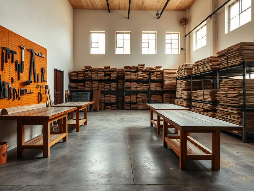 Wide view of the Joltwave Bespoke workshop floor in Cheras with three benches and timber stacked along one wall