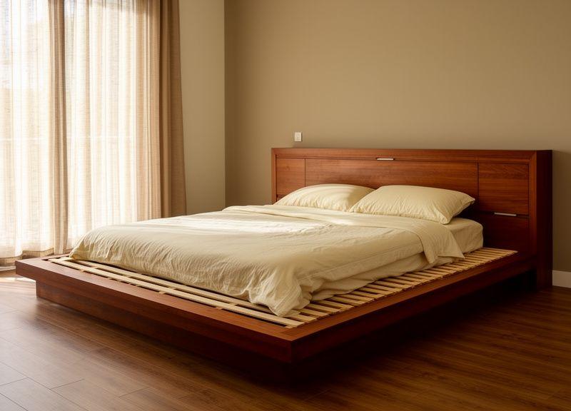 A low platform bed in solid merbau with an integrated headboard cabinet and slatted base