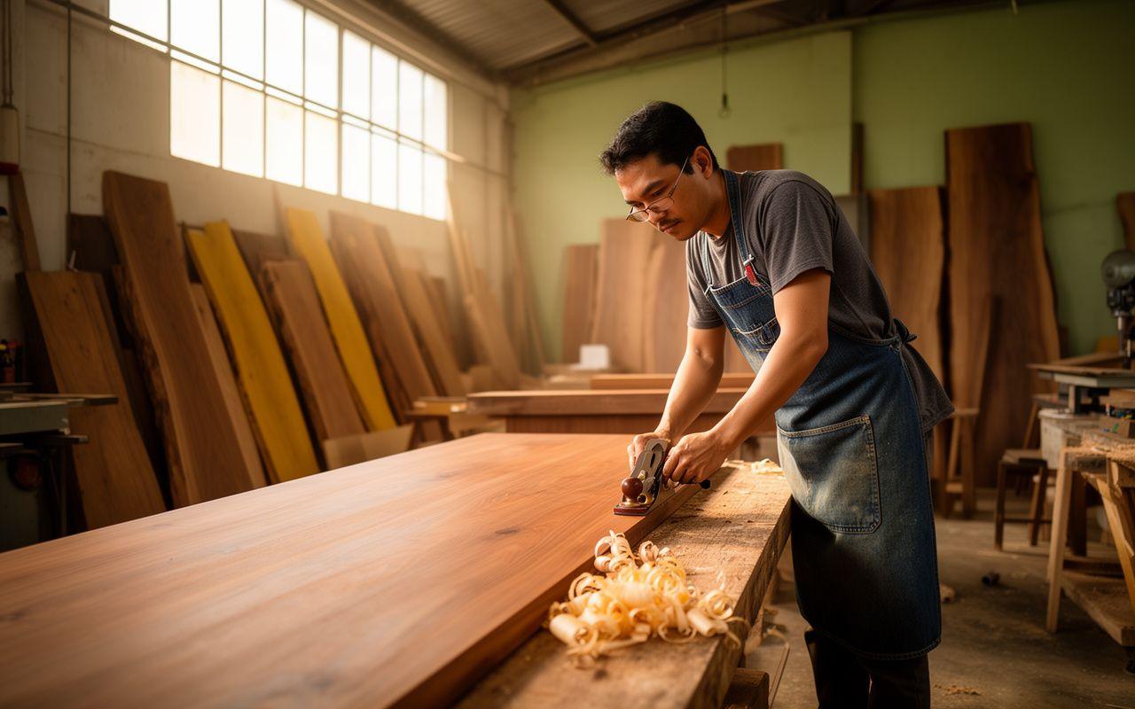 A craftsman planing the edge of a long solid teak dining table inside the Joltwave Cheras workshop
