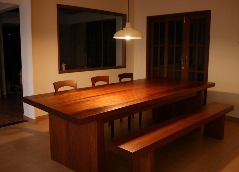 Three-metre kempas dining table with matching benches