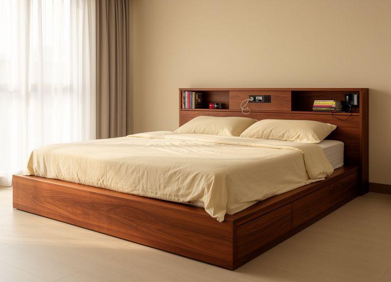 Platform bed with under-bed storage and headboard cabinet